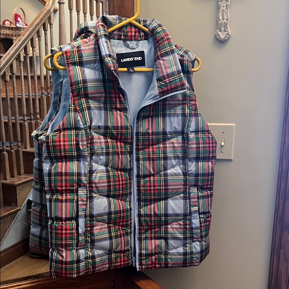 Lands' End Multicolor Plaid Puffer Vest